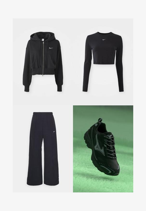 Sudadera negra recortada hecha de una mezcla de algodón, con cremallera frontal, dos bolsillos, capucha ajustable y un logo de Nike en blanco en el pecho.; Top corto de manga larga negro, confeccionado en una tela suave, con un escote redondo y un logo blanco de Nike en el pecho.; Pantalones de pierna ancha negros con una cintura elástica y un pequeño logo blanco de Nike. La tela tiene una textura suave, diseñada para la comodidad y el uso casual.; Zapatilla deportiva negra con una superficie texturizada, detalles en gris y cordones. Presenta un logotipo de marca prominente y una suela acolchada para mayor soporte.