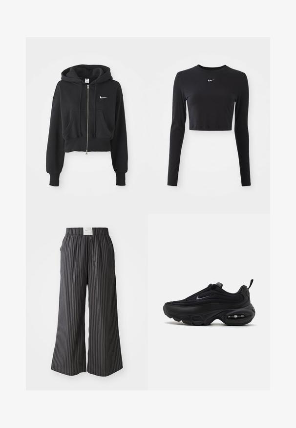 Przycięta czarna bluza z kapturem wykonana z mieszanki bawełny, z przednim zamkiem, dwoma kieszeniami, kapturem ze sznurkiem oraz białym logo Nike na piersi.; Czarny, długi rękaw, krótki top z gładkiego materiału, z okrągłym dekoltem i białym logo Nike na piersi.; Czarno-szare, paskowane spodnie typu wide-leg z elastycznym pasem i metką Nike z tyłu. Lekki materiał, luźny krój.; Czarny but sportowy z gładką, teksturowaną cholewką. Posiada okrągły czubek, wyściełany kołnierz oraz widoczną amortyzację powietrzną w podeszwie.