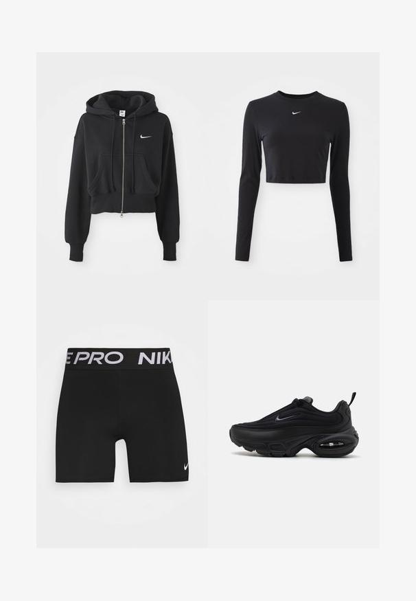 Przycięta czarna bluza z kapturem wykonana z mieszanki bawełny, z przednim zamkiem, dwoma kieszeniami, kapturem ze sznurkiem oraz białym logo Nike na piersi.; Czarny, długi rękaw, krótki top z gładkiego materiału, z okrągłym dekoltem i białym logo Nike na piersi.; Czarne sportowe szorty z szerokim czarnym pasem, na którym widnieje napis "NIKE PRO" w białych literach. Na nodze znajduje się małe białe logo Nike Swoosh.; Czarny but sportowy z gładką, teksturowaną cholewką. Posiada okrągły czubek, wyściełany kołnierz oraz widoczną amortyzację powietrzną w podeszwie.