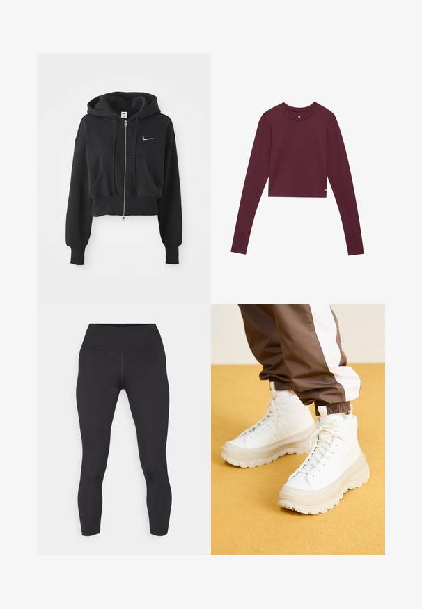 Lühi must puhvka, mis on valmistatud puuvilla segust, ees lukuga, kahe tasku, reguleeritava kapuutsiga ja valge Nike logo rinnal.; Bordeaux pika-särgi pikka varrukaga lõige pehmest riidest, ümmargune kaelus, käed, mis on hästi liibuvad, ja külgmised lõhikud hemmi juures.; Mustad must mettad, millel on kõrge vöökoht, valmistatud siledast, venivast materjalist. Omab lapikse sammile ja keha ligi ulatuvat disaini.; Valged kõrged tossud koos raske, tekstureeritud tallaga, sujuva ülaosa, ümmarguse varbaga ja tonaalsete nööpidega, kollase tausta ees.