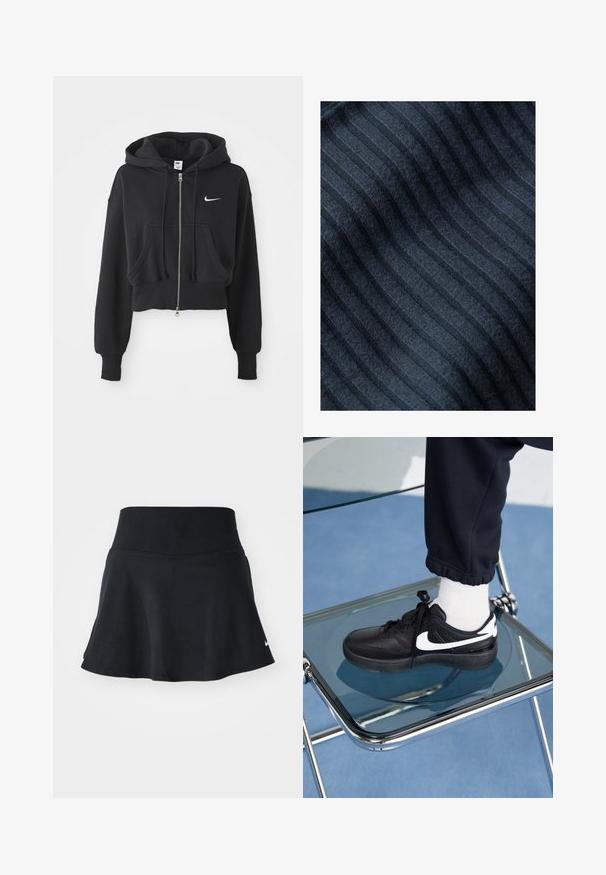 Zkrácená černá mikina z bavlněné směsi, s předním zipem, dvěma kapsami, kapucí na šňůrku a bílým logem Nike na hrudi.; Tmavě modrá tkanina s vertikální žebrovanou texturou, měkkým pocitem a mírně chlupatým vzhledem. Pruhy jsou rovnoměrně rozloženy a jsou subtilní.; Černý sportovní skort s hladkým pasem, rozšířeným lemem a jemným logem Nike na spodní pravé straně. Vyrobeno z pružné, lehké tkaniny.; Černé tenisky Nike s bílými akcenty, s hladkou koženou texturou, šněrovacím designem a zaoblenou špičkou, umístěné na skleněné židli.