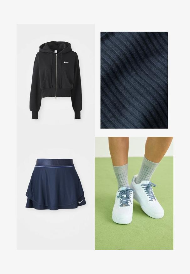 Zkrácená černá mikina z bavlněné směsi, s předním zipem, dvěma kapsami, kapucí na šňůrku a bílým logem Nike na hrudi.; Tmavě modrá tkanina s vertikální žebrovanou texturou, měkkým pocitem a mírně chlupatým vzhledem. Pruhy jsou rovnoměrně rozloženy a jsou subtilní.; Námořnická modrá sportovní sukně vyrobená z žeberkového materiálu s volným střihem, širokým pasem a bílým logem Nike na lemu.; Bílé kožené tenisky s modrými akcenty, perforovaným designem špičky a texturovanými modro-bílými tkaničkami, obuté s šedými žebrovanými ponožkami.