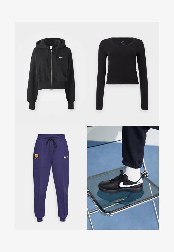 Sudadera negra recortada hecha de una mezcla de algodón, con cremallera frontal, dos bolsillos, capucha ajustable y un logo de Nike en blanco en el pecho.; Camiseta de manga larga y corte crop en algodón negro sólido. Presenta un escote redondo y un ligero fruncido en los laterales para un ajuste entallado.; Pantalones de chándal Nike en púrpura oscuro con cinturón ajustable, bolsillos laterales y un logo amarillo. Presenta un escudo bordado del FC Barcelona.; Zapatillas Nike negras con acentos blancos, con una textura de cuero suave, diseño de cordones y punta redondeada, colocadas sobre una silla de cristal.