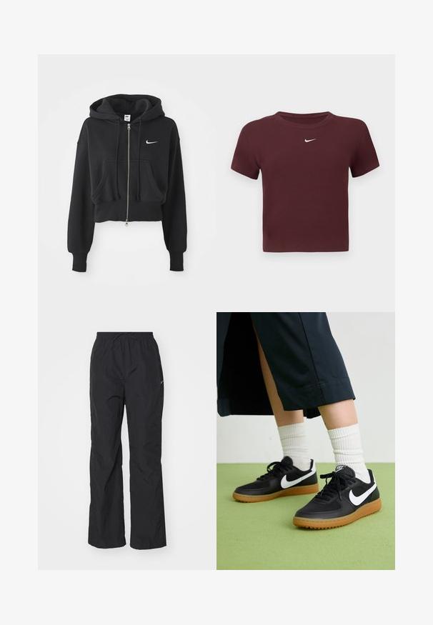 Moletom preto cortado feito de uma mistura de algodão, com fecho à frente, dois bolsos, capuz com cordão e um logo da Nike em branco no peito.; T-shirt de algodão mesclado em cor bordô com mangas curtas, textura ribada e um logótipo branco da Nike no peito. Decote redondo simples, design cropped.; Calças pretas, leves, com cintura elástica e cordão. Apresentam um acabamento texturizado e um pequeno logótipo refletor de lado.; Sapatilhas pretas em couro e sintético com o logo da Nike em branco, sola de borracha tipo goma, bico redondo e atacadores pretos. Meias brancas com frunces visíveis.