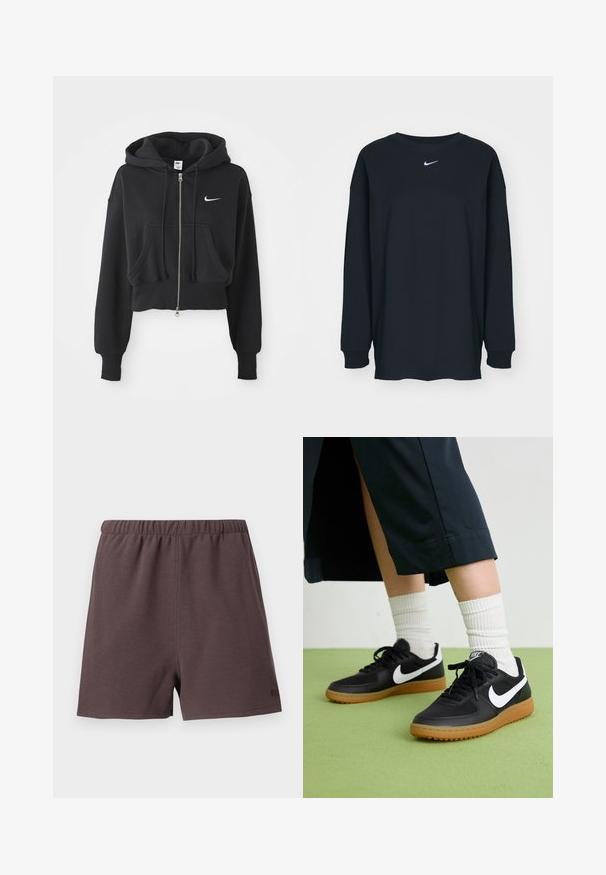 Afgekorte zwarte hoodie van een katoenmix, met een ritssluiting aan de voorkant, twee zakken, een capuchon met trekkoord en een witte Nike-logo op de borst.; Zwarte lange mouwen T-shirt van katoen met een ronde hals. Bevat een wit Nike-logo op de borst. Zachte textuur, eenvoudig ontwerp.; Donkerbruine shorts van gestructureerde, geweven stof. Heeft een elastische tailleband en een klein logo-accent aan de onderzijde aan de rechterkant.; Zwarte leren en synthetische sneakers met witte Nike swoosh, rubberen gumzool, ronde neus en zwarte veters. Geribbelde witte sokken zichtbaar.