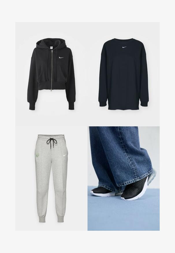 Cropped black hoodie made of cotton blend, featuring a front zip, two pockets, drawstring hood, and a Nike logo in white on the chest.; Black long-sleeve T-shirt made of cotton with a crew neckline. Features a white Nike logo on the chest. Soft texture, simple design.; Light grey sweatpants with black drawstring, elastic cuffs, FC Barcelona logo on left thigh, and neon Nike swoosh on right thigh.; Black athletic shoes with mesh detailing, white sole, and visible air cushioning, paired with blue denim wide-leg jeans.