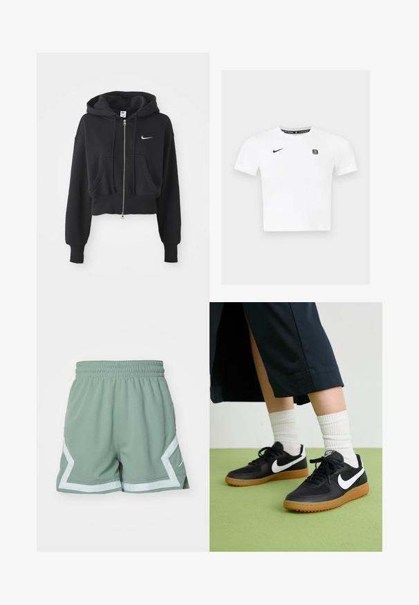 Cropped black hoodie made of cotton blend, featuring a front zip, two pockets, drawstring hood, and a Nike logo in white on the chest.; White short-sleeve t-shirt featuring a round neckline, black Nike logo on the left chest, and a graphic label inside the collar.; Jordan SHORT - Sports shorts - jade smoke/barely green; Black leather and synthetic sneakers with white Nike swoosh, rubber gum sole, round toe, and black laces. Ribbed white socks visible.