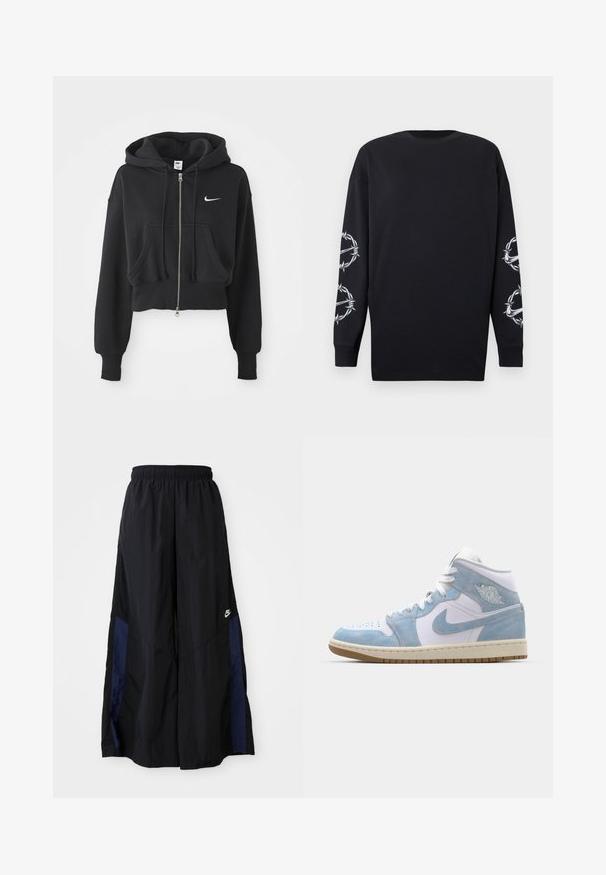 Hanorac scurt de culoare neagră, realizat dintr-un amestec de bumbac, cu fermoar frontal, două buzunare, glugă cu șnur și un logo Nike alb pe piept.; Cămașă neagră cu mâneci lungi și gât rotund, având grafica de sârmă ghimpată și spini alb-negru pe ambele mâneci.; Pantaloni negri cu croi larg, confecționați dintr-un material ușor, având un panou lateral albastru marin și un brâu elastic. Logo mic alb în partea de jos.; Jordan AIR JORDAN 1 MID SE - Sneakers high - white/worn blue/sail/light brown