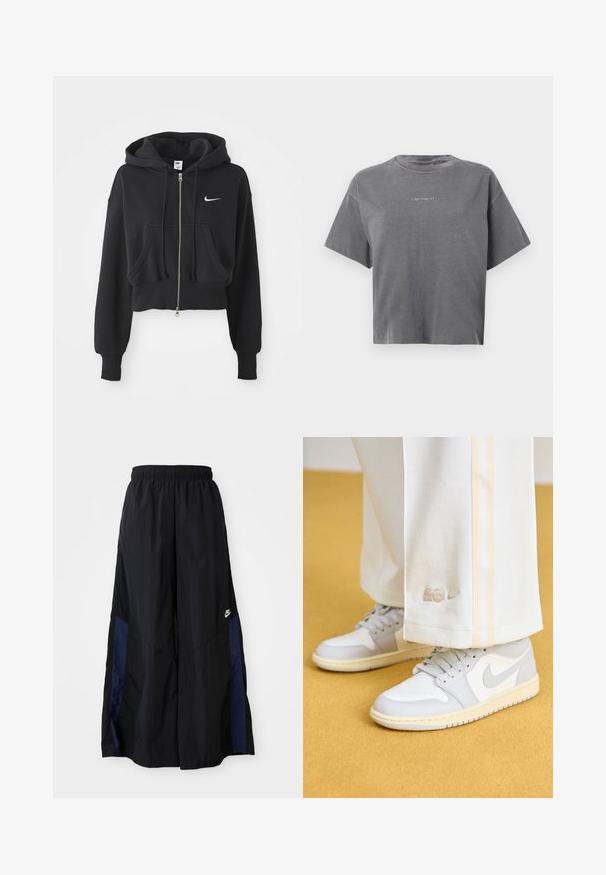 Juoda apkirpta gobtuvė, pagaminta iš medvilnės mišinio, su priekyje užtrauktuku, dviem kišenėmis, raišteliu ant gobtuvo ir balta Nike logo krūtinėje.; Pilkos spalvos trumpomis rankovėmis apkarpytas T-shirt su apvalia kaklo iškirpte ir mažuoju baltu "carhartt" logotipu centrinėje dalyje.; Juodos plačios kojų kelnės, pagamintos iš lengvos medžiagos, su tamsiai mėlyna šonine juostele ir elastinga juosmens juosta. Maža balta logotipo etikete apačioje.; Jordan AIR JORDAN 1 LOW - Sportbačiai - sail/neutral grey/coconut milk