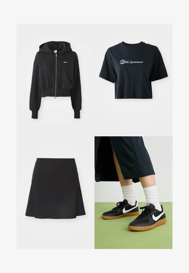 Izgriezts melns kapuci krekls, izgatavots no kokvilnas maisījuma, ar priekšējo rāvējslēdzēju, divām kabatām, kapuces stringu un Nike logo baltā krāsā uz krūtīm.; Izgriezta melna kokvilnas T-kreklā ar īsām piedurknēm, kurā ir balta teksta uzraksts "Vice Sportswear" un apļveidīga grafika uz priekšpuses.; Melnā ribota mini svārku ar izplūdušu apakšmalu, kas raksturojas ar teksturētu virsmu un pieguļošu jostu, izgatavota no elastīgas auduma.; Melna āda un sintētiska materiāla sporta apavi ar baltu Nike logo, gumijas zole, apaļa purngala forma un melni šņores. Redzamas ribotas baltas zeķes.