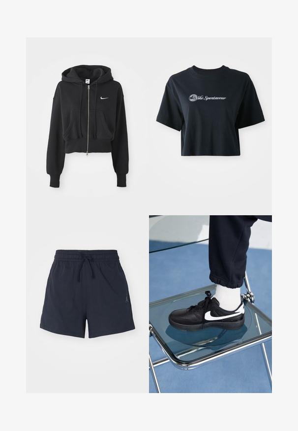 Felpa nera crop in misto cotone, con zip frontale, due tasche, cappuccio con coulisse e logo Nike bianco sul petto.; T-shirt nera in cotone, cropped, con maniche corte, caratterizzata da testo bianco "Vice Sportswear" e una grafica circolare sul davanti.; Shorts sportivi navy realizzati in tessuto traspirante, dotati di un cinturino elastico con cordino e un piccolo logo.; Sneakers Nike neri con accenti bianchi, caratterizzati da una superficie in pelle liscia, design con lacci e punta rotonda, posizionati su una sedia di vetro.