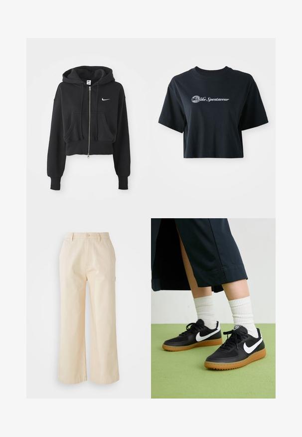 Skraćena crna dukserica od mješavine pamuka, s prednjim zatvaračem, dva džepa, kapuljačom s vezicom i bijelim Nike logom na prsima.; Skraćena crna pamučna majica s kratkim rukavima, s bijelim natpisom "Vice Sportswear" i kružnom grafikom sprijeda.; Svijetloplave široke hlače od pamuka s glatkom teksturom, s prednjim kopčanjem na gumb i bočnim džepovima.; Crne kožne i sintetičke tenisice s bijelim Nike swooshom, gumeni potplat, okrugli vrh i crne vezice. Vidljive rebraste bijele čarape.