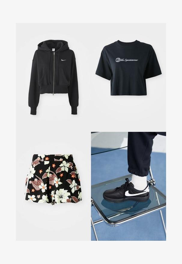 Przycięta czarna bluza z kapturem wykonana z mieszanki bawełny, z przednim zamkiem, dwoma kieszeniami, kapturem ze sznurkiem oraz białym logo Nike na piersi.; Przycięta czarna koszulka bawełniana z krótkim rękawem, z białym napisem "Vice Sportswear" oraz okrągłą grafiką z przodu.; Czarne szorty w kwiaty z dużymi jasn zielonymi i pomarańczowymi kwiatami oraz ciemnymi liśćmi, plisowany fason i kieszenie po bokach.; Czarne sneakersy Nike z białymi akcentami, charakteryzujące się gładką skórzaną teksturą, zawiązywaną konstrukcją i zaokrąglonym noskiem, umieszczone na szklanym krześle.