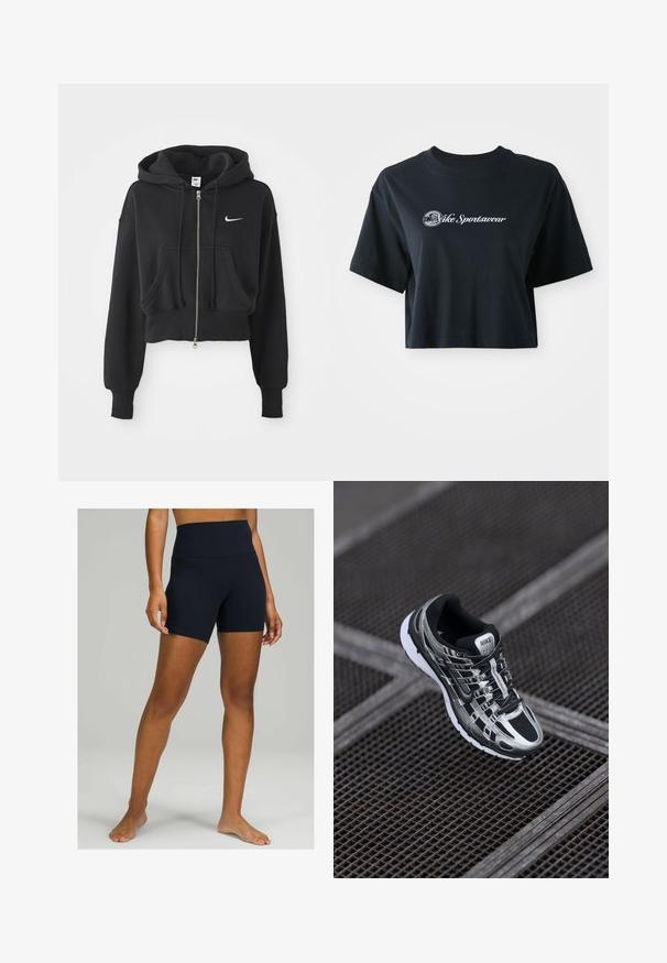 Gekürzter schwarzer Hoodie aus Baumwollmischung, mit einem Frontreißverschluss, zwei Taschen, Kapuze mit Kordelzug und einem weißen Nike-Logo auf der Brust.; Gekürztes schwarzes Baumwoll-T-Shirt mit kurzen Ärmeln, das weißen Text "Vice Sportswear" und eine runde Grafik auf der Vorderseite zeigt.; Schwarze High-Waist-Shorts aus dehnbarem Stoff, mit glatter Textur und einer taillierten Passform, die bis zur Mitte des Oberschenkels reicht.; Nike-Laufschuh mit einem schwarz-silbernen Farbschema, Mesh-Obermaterial, strukturiertem Sohle und Schnürsystem für einen sicheren Sitz.