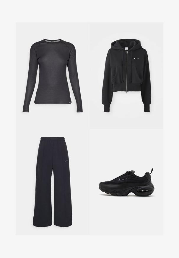 Cropped black hoodie made of cotton blend, featuring a front zip, two pockets, drawstring hood, and a Nike logo in white on the chest.; Long-sleeved black athletic shirt made of textured, breathable fabric. Features a round neckline and raglan sleeves for ease of movement.; Black wide-leg pants with an elastic waistband and a small white Nike logo. Fabric has a smooth texture, designed for comfort and casual wear.; Black athletic shoe with a smooth, textured upper. Features a round toe, padded collar, and visible air cushioning in the sole.