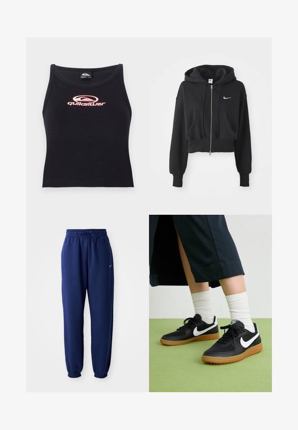 Lyhennetty musta huppari, joka on valmistettu puuvillasekoitteesta, ja siinä on edessä vetoketju, kaksi taskua, nyörillinen huppu sekä valkoinen Nike-logo rinnassa.; Mustaton hihaton crop-top, joka on valmistettu pehmeästä kankaasta ja jossa on vaaleanpunainen Quiksilver-logo rinnan kohdalla. Yksinkertainen muotoilu, jossa on pyöreä kaula-aukko.; Tummansiniset collegehousut pehmeästä kankaasta, joissa on joustava vyötärönyöri, joustavat hihansuut ja pieni valkoinen logo.; Mustat nahka- ja synteettiset urheilukengät, joissa on valkoinen Nike-merkki, kuminen pohja, pyöreä kärki ja mustat nauhat. Raitapintaiset valkoiset sukat näkyvissä.