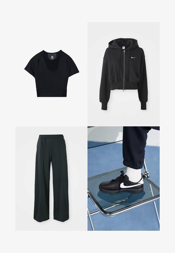Sudadera negra recortada hecha de una mezcla de algodón, con cremallera frontal, dos bolsillos, capucha ajustable y un logo de Nike en blanco en el pecho.; Top corto atlético negro con mangas cortas, con un cuello redondo, detalles de panel texturizado y un diseño ajustado para un aspecto estilizado.; Pantalones deportivos negros de pierna ancha con cintura elástica. Hechos de una tela suave y elástica, presentan costuras frontales sutiles y sin bolsillos.; Zapatillas Nike negras con acentos blancos, con una textura de cuero suave, diseño de cordones y punta redondeada, colocadas sobre una silla de cristal.
