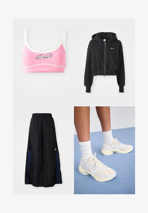 Skraćena crna dukserica od mješavine pamuka, s prednjim zatvaračem, dva džepa, kapuljačom s vezicom i bijelim Nike logom na prsima.; Roza sportska grudnjak s bijelim rubovima i trakama, s istaknutim crnim "ellesse" logotipom na prednjoj strani. Glatka tekstura i atletski dizajn.; Crne hlače širokih nogavica izrađene od lagane tkanine, sa tamnoplavim bočnim panelom i elastičnom stražnjom trakom. Mali bijeli logo je na dnu.; Elegantne atletske cipele u svijetložutoj i bijeloj boji, s mrežastim i sintetičkim materijalima, zaobljenim oblikom i teksturiranim potplatima.