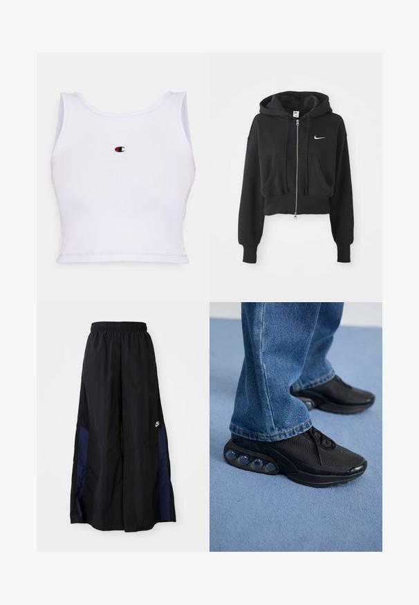 Skrajšana črna kapuca iz mešanice bombaža, z sprednjim zadrgo, dvema žepoma, kapuco na vezanje in belim Nike logotipom na prsih.; Belo rebrasto majica s tankom naramnicom in okroglim izrezom, ki ima na sredini prsnega dela majhno vezeno oznako v rdeči in črni barvi.; Črne široke hlače iz lahkega materiala, z morsko modrim stranskim panelom in elastičnim pasom. Majhna bela oznaka na dnu.; Črne športne superge z mrežastim zgornjim delom, teksturiranimi poudarki in vidnimi zračnimi blazinicami v podplatu. Obute z modrimi kavbojkami.
