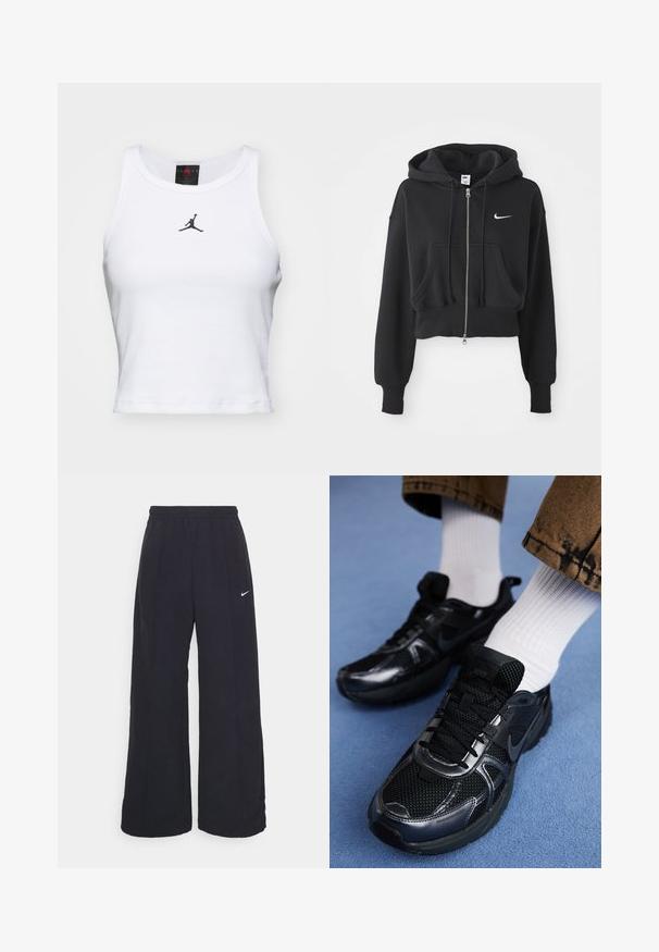 Afgekorte zwarte hoodie van een katoenmix, met een ritssluiting aan de voorkant, twee zakken, een capuchon met trekkoord en een witte Nike-logo op de borst.; Witte crop tanktop van katoen met een ribbeltextuur. Beschikt over een zwart Jordan-logo in het midden en een klassieke ronde hals.; Zwarte wijde broek met een elastische tailleband en een klein wit Nike-logo. De stof heeft een soepele textuur, ontworpen voor comfort en casual gebruik.; Zwarte Nike sportschoenen met een mesh bovenkant en glanzende accenten, zwarte veters en een gestructureerde zool. In combinatie met witte geribde sokken.