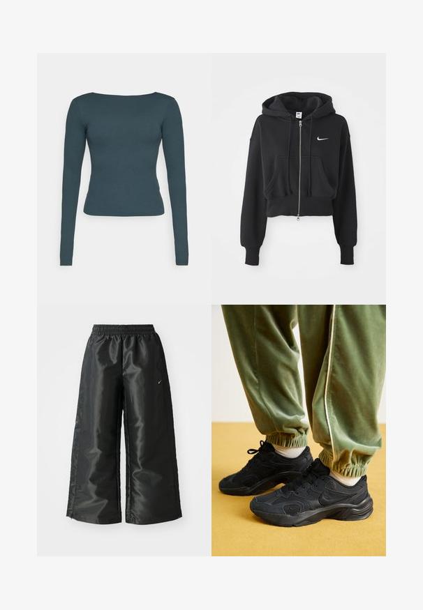 Gekürzter schwarzer Hoodie aus Baumwollmischung, mit einem Frontreißverschluss, zwei Taschen, Kapuze mit Kordelzug und einem weißen Nike-Logo auf der Brust.; Langärmliges Oberteil in dunklem Petrol, mit rundem Halsausschnitt, schlanker Passform und weichem, dehnbarem Stoff. Keine Muster oder Verzierungen sichtbar.; Schwarze Sporthose aus glänzendem, glattem Stoff, mit einem elastischen Bund, weitem Bein und einem kleinen Logo auf der linken Seite.; Schwarze Sportsneakers aus Mesh und synthetischen Überzügen, mit strukturierten Sohlen, kombiniert mit grünen Sweatpants mit elastischen Bündchen, auf gelbem Untergrund.