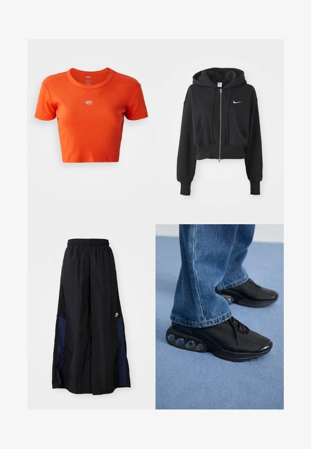 Gekürzter schwarzer Hoodie aus Baumwollmischung, mit einem Frontreißverschluss, zwei Taschen, Kapuze mit Kordelzug und einem weißen Nike-Logo auf der Brust.; Orange verkürztes T-Shirt aus geripptem Material, mit rundem Halsausschnitt und kleinem weißen "obey"-Logo, das auf der Brust gestickt ist.; Schwarze weit geschnittene Hose aus leichtem Stoff, mit einem dunkelblauen Seitenpanel und einem elastischen Bund. Kleines weißes Logo am unteren Ende.; Schwarze sportschuhe mit atmungsaktivem Mesh-Obermaterial, strukturierten Akzenten und sichtbaren Luftpolstern in der Sohle. Getragen mit blauen Jeans.