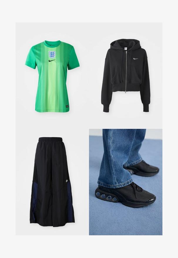 Zkrácená černá mikina z bavlněné směsi, s předním zipem, dvěma kapsami, kapucí na šňůrku a bílým logem Nike na hrudi.; Zelený sportovní dres s vertikálními pruhy, kulatým výstřihem a znakem s erbem. Vyrobeno z hladkého, lehkého materiálu.; Černé kalhoty širokého střihu vyrobené z lehkého materiálu, s námořnickou modrou bočním panelem a elastickým pasem. Malé bílé logo na spodní části.; Černé sportovní tenisky s síťovaným svrškem, texturovanými akcenty a viditelnými vzduchovými polštářky v podešvi. Nosené s modrými denimovými džíny.