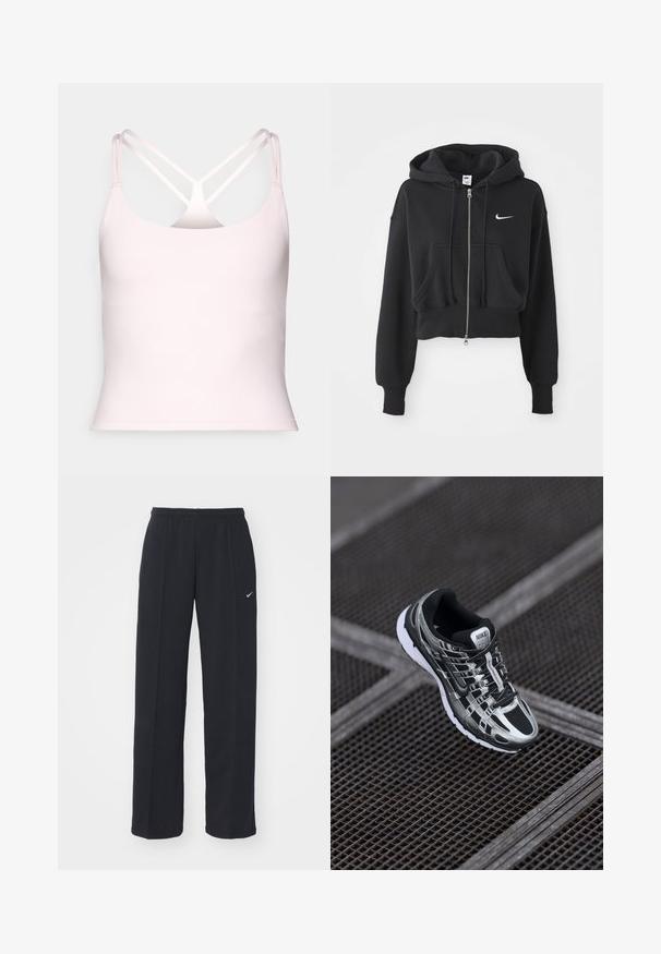 Izgriezts melns kapuci krekls, izgatavots no kokvilnas maisījuma, ar priekšējo rāvējslēdzēju, divām kabatām, kapuces stringu un Nike logo baltā krāsā uz krūtīm.; Fabletics PRINCIPAL BUILT IN BRA TANK - Tops - sugar pink; Melnas Nike sporta bikses ar elastīgu jostasvietu un sānu kabatām, ar nelielu balto logotipu kreisajā kājā un taisnu siluetu.; Nike skriešanas apavi ar melnas un sudraba krāsas shēmu, acs augšdaļu, teksturētu zoli un saistes sistēmu drošai piegulšanai.