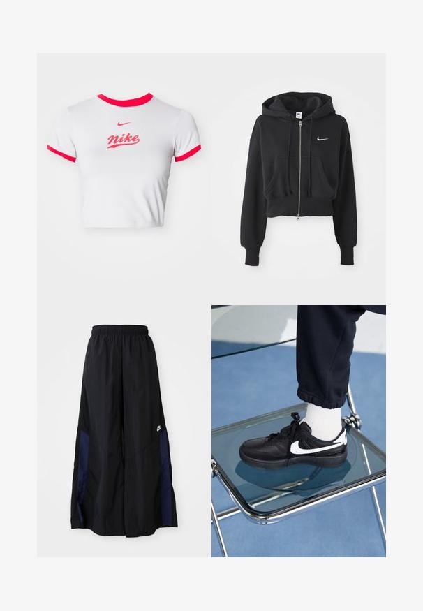 Zkrácená černá mikina z bavlněné směsi, s předním zipem, dvěma kapsami, kapucí na šňůrku a bílým logem Nike na hrudi.; Nike Sportswear TEE - Triko s potiskem - light iron ore/fire red; Černé kalhoty širokého střihu vyrobené z lehkého materiálu, s námořnickou modrou bočním panelem a elastickým pasem. Malé bílé logo na spodní části.; Černé tenisky Nike s bílými akcenty, s hladkou koženou texturou, šněrovacím designem a zaoblenou špičkou, umístěné na skleněné židli.