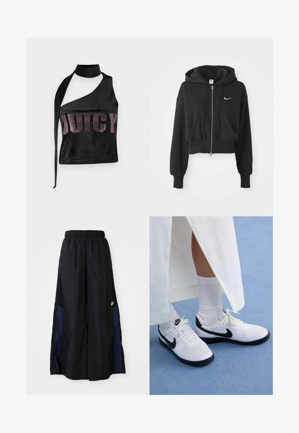 Cropped black hoodie made of cotton blend, featuring a front zip, two pockets, drawstring hood, and a Nike logo in white on the chest.; Black halter crop top in velvety fabric featuring an asymmetrical design and rhinestone accents spelling "JUICY" across the front.; Black wide-leg pants made of lightweight fabric, featuring a navy blue side panel and an elastic waistband. Small white logo on bottom.; White Nike sneakers with black accents, featuring a smooth leather upper, white laces, and sturdy rubber outsoles, paired with white ribbed socks.
