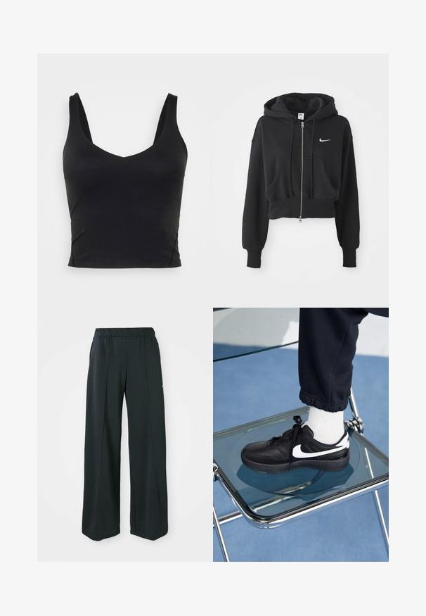 Felpa nera crop in misto cotone, con zip frontale, due tasche, cappuccio con coulisse e logo Nike bianco sul petto.; Top corto senza maniche nero con scollatura a V profonda, realizzato in tessuto liscio ed elastico. Presenta un orlo pulito e nessun motivo o dettaglio visibile.; Pantaloni sportivi neri a gamba larga con una vita elastica. Realizzati in un tessuto morbido ed elasticizzato, presentano cuciture frontali sottili e nessuna tasca.; Sneakers Nike neri con accenti bianchi, caratterizzati da una superficie in pelle liscia, design con lacci e punta rotonda, posizionati su una sedia di vetro.