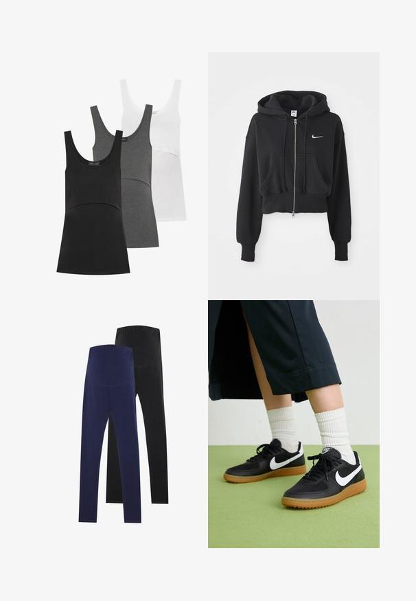 Hanorac scurt de culoare neagră, realizat dintr-un amestec de bumbac, cu fermoar frontal, două buzunare, glugă cu șnur și un logo Nike alb pe piept.; Trei hanorace fără mâneci, în culorile negru, gri și alb. Fiecare are un decolteu rotund, un design fără mâneci și un material din bumbac moale, cu talie ajustată.; Două perechi de colanți, una albastră închis și una neagră, având o textură netedă și un talie înaltă pentru o potrivire sigură.; Sneakers negre din piele și material sintetic cu logo-ul alb Nike, talpă din cauciuc, vârful rotund și șireturi negre. Șosete albe cu nervuri vizibile.