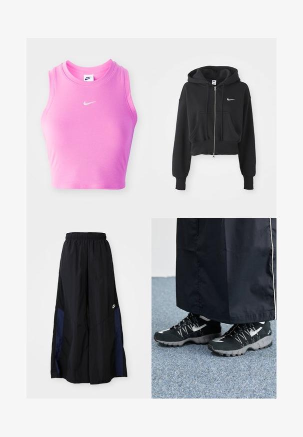 Kuttet svart hettegenser laget av bomullsblanding, med frontglidelås, to lommer, snorhette og et hvitt Nike-logo på brystet.; Rosa uten ermer crop topp laget av ribbet stoff, med rund halslinning og en liten hvit Nike swoosh-logo på midten foran.; Svarte vide bukser laget av lett stoff, med et marineblått sidestykke og elastisk midjebånd. Liten hvit logo nederst.; Svarte treningssko med teksturert overdel, sølv detaljer og mønstrete såle, sammen med et svart langt plagg. Plassert på et blått teppe.