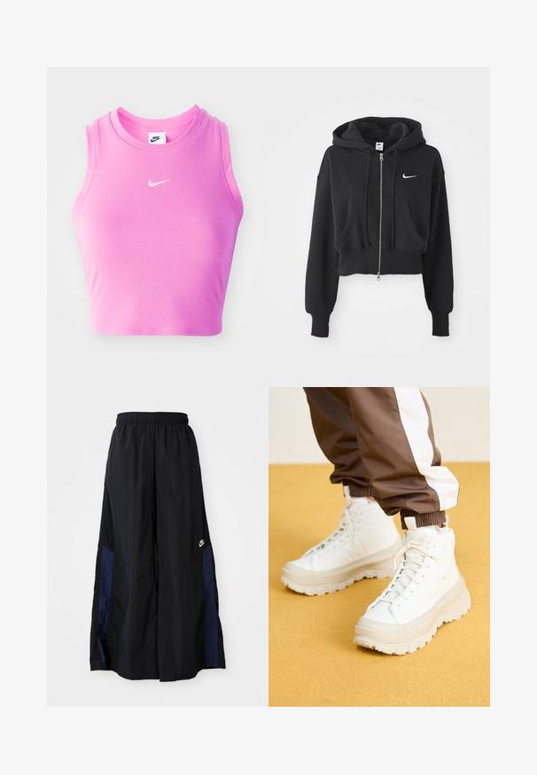 Lühi must puhvka, mis on valmistatud puuvilla segust, ees lukuga, kahe tasku, reguleeritava kapuutsiga ja valge Nike logo rinnal.; Roosa ilma varrukat crop top, valmistatud ribakanga materjalist, ümmarguse kaelusega ja väikese valge Nike sirmiga keskosas.; Mustad laiad mustad püksid kergest kangast, millel on tumesinine külgpaneel ja elastne vöökoht. Väike valge logo allservas.; Valged kõrged tossud koos raske, tekstureeritud tallaga, sujuva ülaosa, ümmarguse varbaga ja tonaalsete nööpidega, kollase tausta ees.