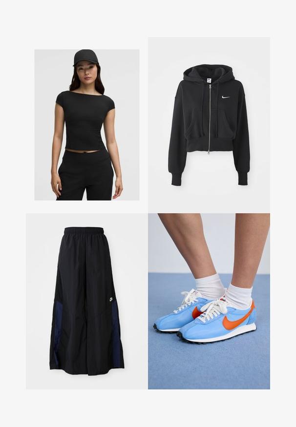Lühi must puhvka, mis on valmistatud puuvilla segust, ees lukuga, kahe tasku, reguleeritava kapuutsiga ja valge Nike logo rinnal.; Must mustärkas lühikeste varrukatega ja laia kaelusega crop top, valmistatud venivast materjalist. Sobitatud koos sobivate mustade kõrge vöökohtadega pükstega ja mütsiga.; Mustad laiad mustad püksid kergest kangast, millel on tumesinine külgpaneel ja elastne vöökoht. Väike valge logo allservas.; Sinine võrk- ja nahast tossud oranžide detailide ja valgete paeltega. Must kummist tallaga. Kantud valgete sokkidega sinisel pinnal.