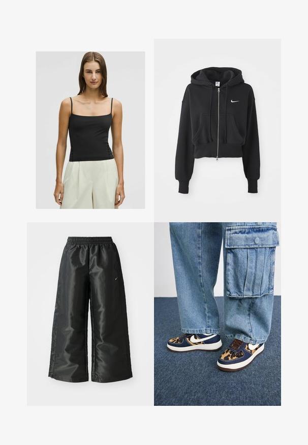 Afgekorte zwarte hoodie van een katoenmix, met een ritssluiting aan de voorkant, twee zakken, een capuchon met trekkoord en een witte Nike-logo op de borst.; Zwart spaghetti-topje met vierkante halslijn en aangesloten pasvorm, gemaakt van een soepele, lichte stof. Gepaarde met een lichte, wijde broek.; Zwarte sportbroek van een glanzende, gladde stof, met een elastische tailleband, wijde pijpen en een klein logo aan de linkerkant.; Marineblauwe sneakers met een luipaardprint-accent, witte Nike swoosh, bruine veters en een witte tussenzool. Gepaarde met lichte denim cargo-broeken.