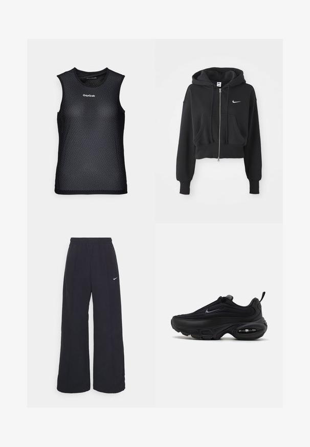 Korthvid sweatshirt i sort af bomuldsblanding, med frontlynlås, to lommer, hætte med snøre og et hvidt Nike-logo på brystet.; Sort ærmeløs mesh tanktop med rund halsudskæring, der har et åndbart design og GripGrab-logo på fronten. Struktureret look.; Sorte brede bukser med elastisk talje og et lille hvidt Nike-logo. Stoffet har en glat tekstur, designet til komfort og afslappet brug.; Sort atletiksko med en glat, struktureret overdel. Har en rund tå, polstret krave og synlig luftdæmpning i sålen.