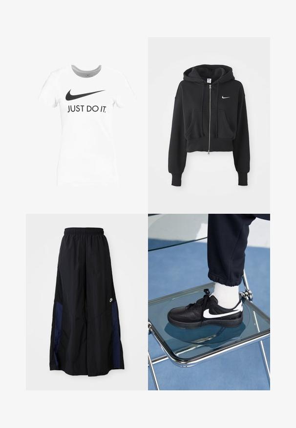 Sudadera negra recortada hecha de una mezcla de algodón, con cremallera frontal, dos bolsillos, capucha ajustable y un logo de Nike en blanco en el pecho.; Nike Sportswear W NSW TEE JDI SLIM - Camiseta estampada - white/black; Pantalones de pierna ancha negros, confeccionados en una tela ligera, con un panel lateral azul marino y una cinturilla elástica. Logotipo blanco pequeño en la parte inferior.; Zapatillas Nike negras con acentos blancos, con una textura de cuero suave, diseño de cordones y punta redondeada, colocadas sobre una silla de cristal.