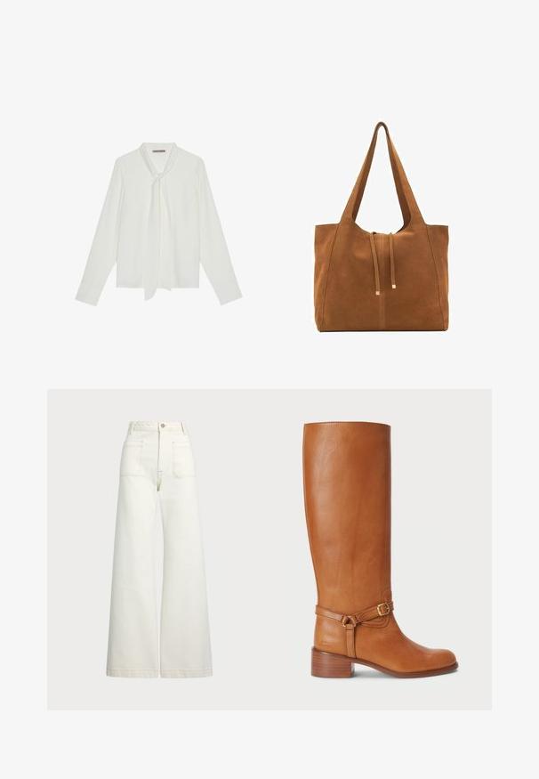 Lichtbeige gebreide cardigan met V-hals, lange mouwen, knopen aan de voorkant en zijsplitten voor meer bewegingsgemak. De textuur lijkt zacht en comfortabel.; Witte blouse met lange mouwen van gladde stof, voorzien van een strik bij de hals en op maat gemaakte manchetten. Eenvoudig, klassiek ontwerp zonder patronen.; Wijd-zit jeans van off-white denim. Hooggaande taille met een knoopsluiting, twee voorzakken en contrasterende stikdetails.; Hoge bruine leren laarzen met een gladde afwerking, voorzien van een zijkantgesp en een gestapelde hak. De schacht heeft een strakke, ongecompliceerde uitstraling.; Bruine suède schoudertas met twee lange hengsels, trekkoordsluiting en minimalistisch ontwerp. Gladde textuur en geen zichtbare hardware-accenten.