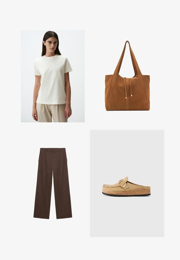 Cardigan lavorato a maglia beige chiaro con scollo a V, maniche lunghe, bottoni frontali e spacchi laterali per facilitare i movimenti. La texture sembra morbida e accogliente.; Jimmy Key CREW NECK SHORT SLEEVE - T-shirt basic - off-white; Pantaloni a gamba larga marroni realizzati in un tessuto liscio, con vita alta, pieghe frontali e due tasche laterali.; Zoccoli beige con una fascia ampia e una fibbia dorata, realizzati in materiale morbido, con un sottopiede in sughero e una suola esterna in gomma nera testurizzata.; Borsa a tracolla in suede marrone con due lunghe cinghie, chiusura con cordoncino e design minimalista. Texture liscia e senza elementi hardware visibili.