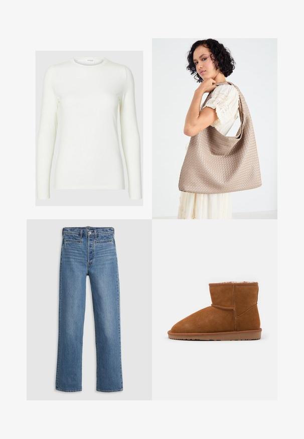 Rød cardigan med rund halsudskæring, lange ærmer og knaplukning. Fremstillet af blødt materiale med en let struktureret overflade.; Langærmet hvid top lavet af blødt stof med rund hals, der har en glat tekstur og en tætsiddende silhuet. Ingen synlige mønstre eller accenter.; Lys blå, lige ben jeans lavet af denim. Funktioner inkluderer en knaplukning, fem lommer og diskret slid. Ingen udsmykninger eller mønstre.; Brune ruskind ankelstøvle med en afrundet tå og blød foring, der har en flad gummisål og minimale syninger.; Vævet beige tote taske med et afslappet design og en enkelt skulderrem. Har et struktureret mønster over hele overfladen.