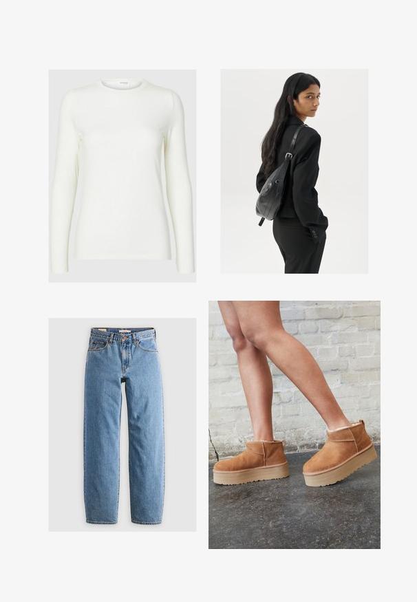 Rød cardigan med rund halsudskæring, lange ærmer og knaplukning. Fremstillet af blødt materiale med en let struktureret overflade.; Langærmet hvid top lavet af blødt stof med rund hals, der har en glat tekstur og en tætsiddende silhuet. Ingen synlige mønstre eller accenter.; Lysblå denim jeans med lige ben-design, fem lommer, lynlås og en subtil falmet tekstur. Klassisk stil med minimal hardware.; Brune ruskinds ankelsko med en blød foring, tyk beige plattformsål og en bageste løkke. Tekstureret overflade med synlige sømdetaljer.; Kvinde med langt, mørkt hår iført en sort dragt, bærende en sort læder skuldertaske, som ser over sin skulder mod en hvid baggrund.
