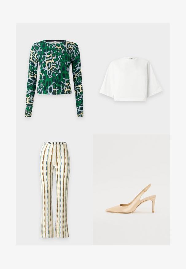 Grüner, blauer und beiger Leopardenmuster-Cardigan, mit langen Ärmeln, Rundhalsausschnitt, sechs Knöpfen vorne, taillierte Passform, glatte Textur.; Weißes, kürzer geschnittenes T-Shirt mit lockerer Passform, kurzen, weit geschnittenen Ärmeln, rundem Ausschnitt und seitlichen Schlitzen, aus weichem Baumwollmaterial.; Weite Hosen aus einem strukturierten Stoff mit vertikalen Streifen in Blau, Braun, Grün und Gelb, ausgestattet mit einem gestreiften Bund.; Nude patentleder Slingback-Absatzschuh mit spitzer Zehenpartie, offenem Vorderblatt und dünnem Stiletto-Absatz. Verfügt über ein kreisförmiges goldfarbenes Akzent auf dem Riemen.