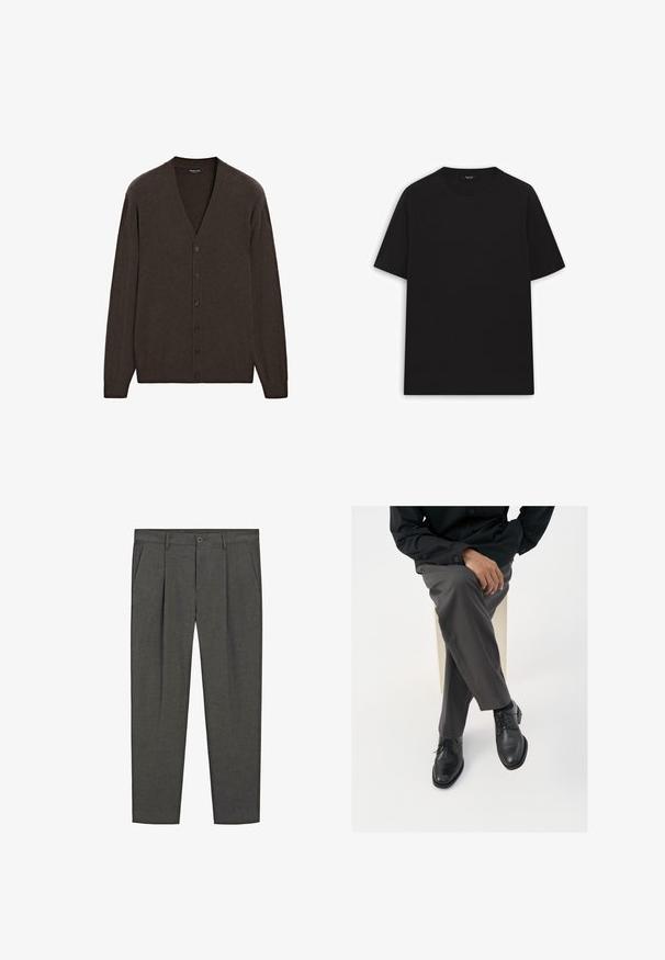 Cardigan in cashmere marrone scuro con scollatura a V, maniche lunghe e sei bottoni neri lungo la parte anteriore. Tessuto morbido con un design classico.; Maglietta nera in cotone con maniche corte, scollo rotondo e texture liscia. Nessun motivo visibile o dettagli in metallo.; Pantaloni grigi su misura con motivo a righe, con pence frontali, tasche laterali e chiusura a bottone. Realizzati in tessuto tessuto, dalla texture liscia.; Scarpe stringate in pelle nera con finitura lucida, abbinate a pantaloni grigi su misura, mostrate in una posizione seduta su uno sfondo bianco.