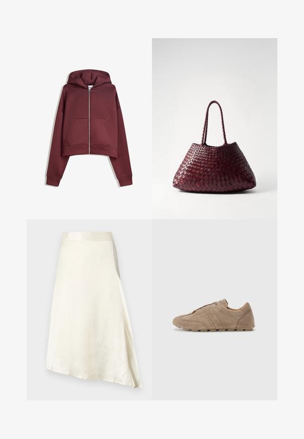 Mörkröd kortärmad zip-up huvtröja med framfickor och långa ärmar, visad liggande på en vit bakgrund.; Rak vit kortärmad t-shirt med rund halsringning och slim fit, lagd platt mot en vit bakgrund.; En krämfärgad, knälång kjol gjord av slät satin med en lätt glans. Har en A-linjeform och en rynkad midja för passform.; Beige mockaskor med låg profil, med stickade linjer och en strukturerad yta, kompletterade med gummibaserade sulor för bra grepp.; DRAGON DIFFUSION SANTA CROCE BIG - Handväska - bordo