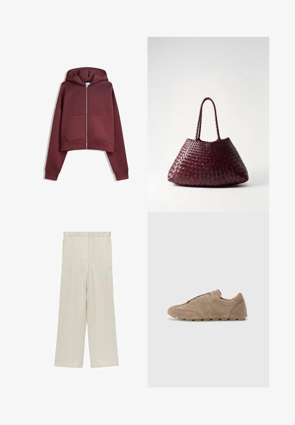 Felpa cropped zip-up bordeaux con tasche frontali e maniche lunghe, esposta piatta su uno sfondo bianco.; T-shirt bianca a maniche corte e scollo rotondo con vestibilità slim, esposta piatta su uno sfondo bianco.; Pantaloni a gamba larga di un beige chiaro realizzati in tessuto stropicciato. Presentano una vita elasticizzata e due tasche laterali per la praticità.; Scarpe in suede beige a profilo basso, con linee cucite e una superficie testurizzata, completate da suole in gomma antiscivolo.; DRAGON DIFFUSION SANTA CROCE BIG - Borsa a mano - bordo
