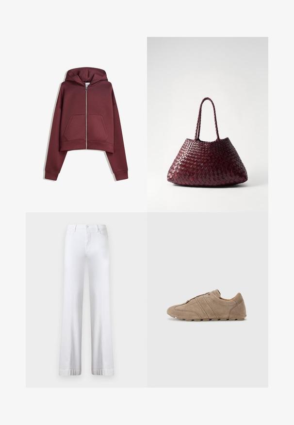 Felpa cropped zip-up bordeaux con tasche frontali e maniche lunghe, esposta piatta su uno sfondo bianco.; T-shirt bianca a maniche corte e scollo rotondo con vestibilità slim, esposta piatta su uno sfondo bianco.; Jeans bianchi a gamba larga con vita alta, dotati di chiusura a bottone, design a cinque tasche e orli risvolti. Realizzati in tessuto denim.; Scarpe in suede beige a profilo basso, con linee cucite e una superficie testurizzata, completate da suole in gomma antiscivolo.; DRAGON DIFFUSION SANTA CROCE BIG - Borsa a mano - bordo