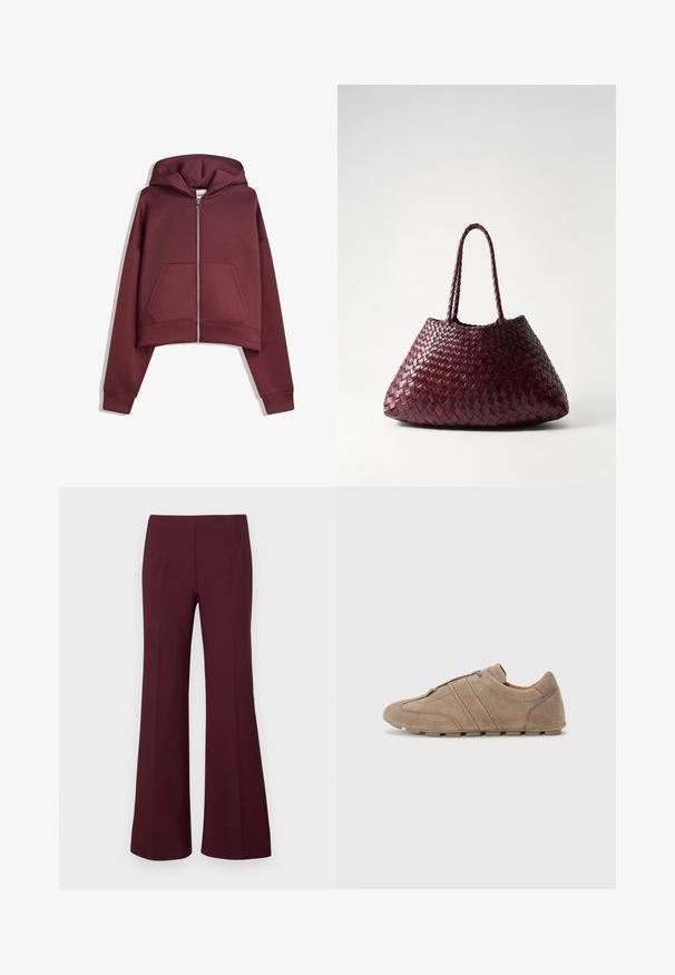 Bordeauxkleurige cropped zip-up hoodie met voorkantzakken en lange mouwen, plat weergegeven op een witte achtergrond.; Effen witte T-shirt met korte mouwen en een ronde hals, met een slim fit, vlak weergegeven tegen een witte achtergrond.; Hoge taille, bordeauxkleurige flared broek met voorplooien en een getailleerde pasvorm, weergegeven op een witte achtergrond.; Beige suède schoenen met een lage profiel, voorzien van gestikte lijnen en een gestructureerd oppervlak, aangevuld met rubberen traction buitenzolen.; DRAGON DIFFUSION SANTA CROCE BIG - Handtas - bordo