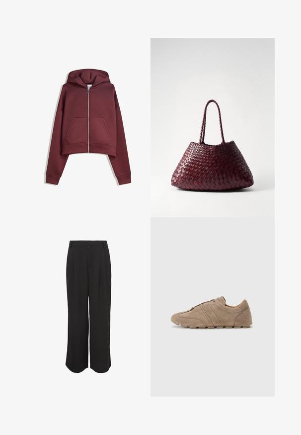 Bordeauxkleurige cropped zip-up hoodie met voorkantzakken en lange mouwen, plat weergegeven op een witte achtergrond.; Effen witte T-shirt met korte mouwen en een ronde hals, met een slim fit, vlak weergegeven tegen een witte achtergrond.; Zwarte wijde broek met een gladde textuur, geplooide voorkant, zijzakken en een op maat gemaakte tailleband voor een relaxte maar gestructureerde pasvorm.; Beige suède schoenen met een lage profiel, voorzien van gestikte lijnen en een gestructureerd oppervlak, aangevuld met rubberen traction buitenzolen.; DRAGON DIFFUSION SANTA CROCE BIG - Handtas - bordo