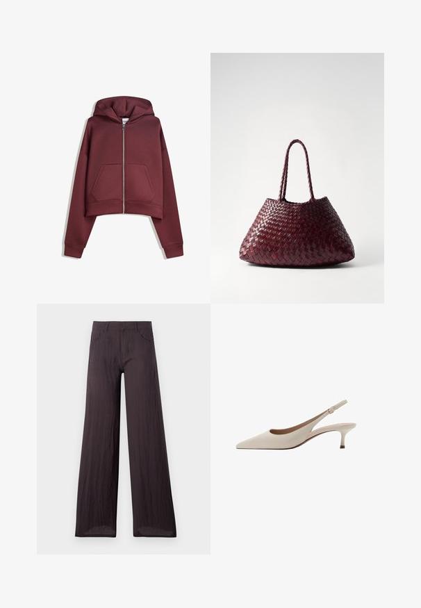 Bordowa, krótką bluzę z kapturem na zamek błyskawiczny, z przednimi kieszeniami i długimi rękawami, wyeksponowana na białym tle.; Prosta, biała koszulka z krótkim rękawem i okrągłym dekoltem, o dopasowanym kroju, zaprezentowana na płasko na białym tle.; Ciemnoszare szerokie spodnie wykonane z lekkiego, teksturowanego materiału o gładkim wykończeniu, z przednimi kieszeniami i klasycznym pasem.; Beżowe szpilki slingback z zakończeniem w szpic i niskim, rozkloszowanym obcasem. Wykonane z gładkiej skóry, o minimalistycznym wzornictwie i regulowanym pasku.; DRAGON DIFFUSION SANTA CROCE brązowy
